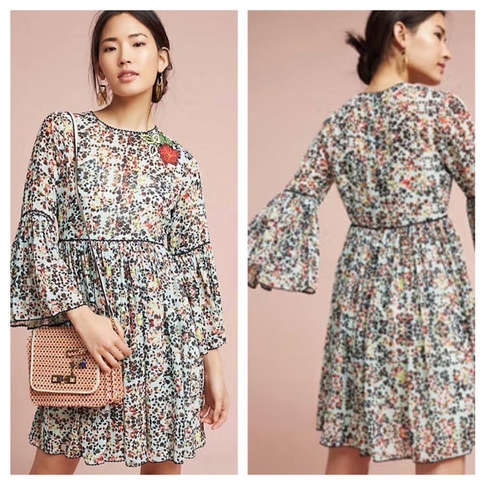 Anthropologie Floral Chiffon Mini Dress in Ivory with Multicolor Print